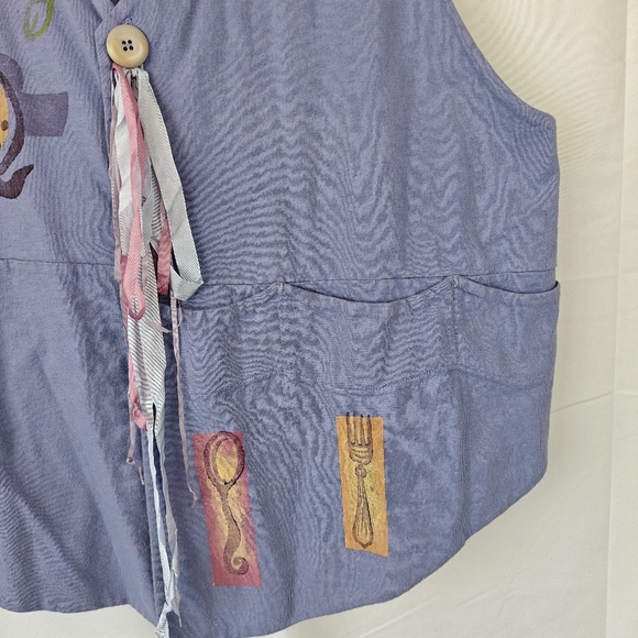 VTG Rare Blue Fish Gardening Fruits Spoon Fork V Neck Button Periwinkle Vest 1 - Picture 2 of 15